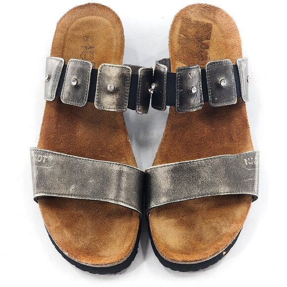 NAOT Ashley Silver Leather Rhinestones Low Wedge Slide Sandals - Picture 3 of 6